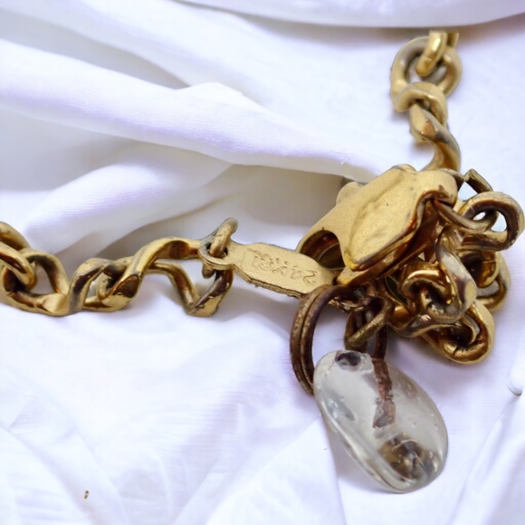 24K GFL Chain Link Bracelet Dainty Vintage Links with Glass Heart Charm 7" Long - Picture 6 of 16